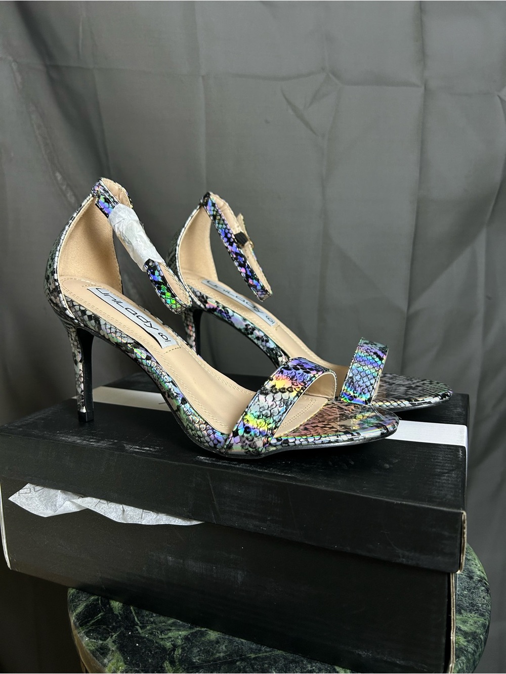 Iridescent Snake-Print Ankle-Strap Heels in Multi